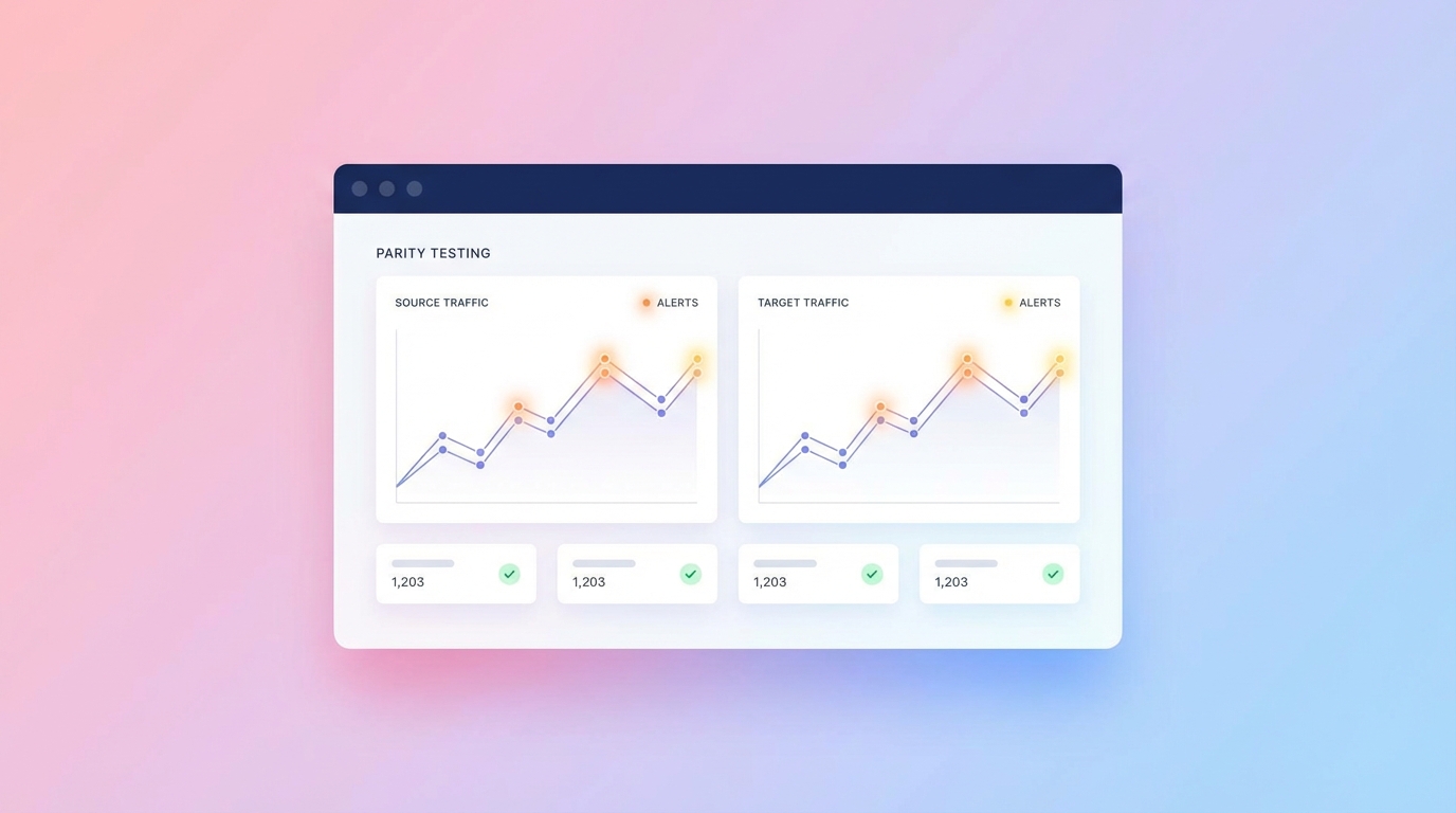 Quality assurance dashboard monitoring automated parity testing